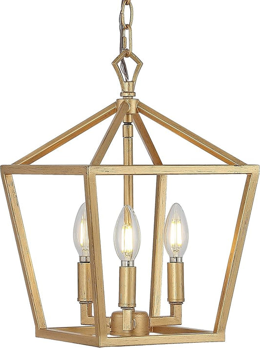 JONATHAN Y 10" Brass Gold 3-Light Pagoda LED Pendant Lantern, Classic Modern Farmhouse Chandelier for Kitchen Island, Dining Room, Entry, Foyer, Rustic Iron Frame (JYL7601B)