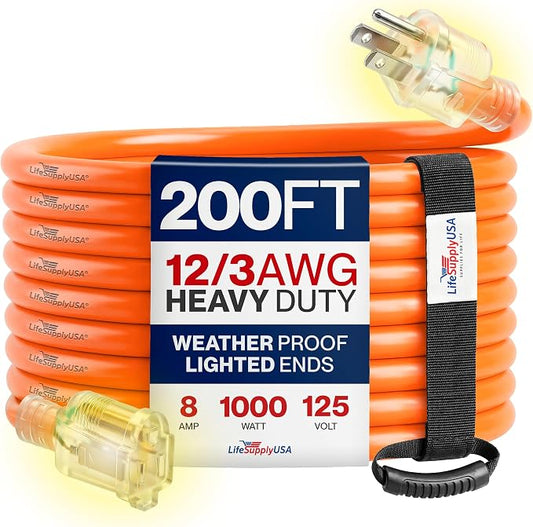200ft Outdoor/Indoor Extension Cord 12/3 Gauge Extra Heavy Duty 3 Prong SJTW, Waterproof, Flexible Cold-Resistant Long Power Cord,8A 125V 1000W, Orange by LifeSupplyUSA
