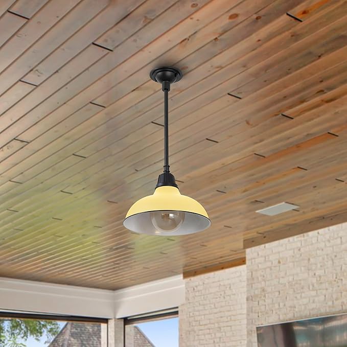JONATHAN Y 12.25" Matte Yellow 1-Light Farmhouse Indoor/Outdoor LED Pendant Iron Hanging Light, and Black Metal Shade, Rustic Ceiling Lamp for Kitchen Island, LED Bulb Included (JYL7611H)