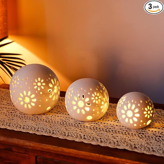 JHY DESIGN Set of 3 Ceramic Decorative Lamp 5" H Battery Powered Lamp Floral Carved Cordless Lamp Great for Living Room Bedroom Weddings Parties Patio Events (White)