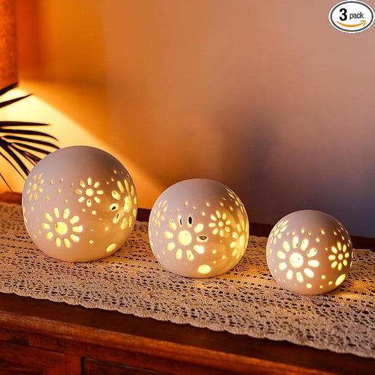 JHY DESIGN Set of 3 Ceramic Decorative Lamp 5" H Battery Powered Lamp Floral Carved Cordless Lamp Great for Living Room Bedroom Weddings Parties Patio Events (White)