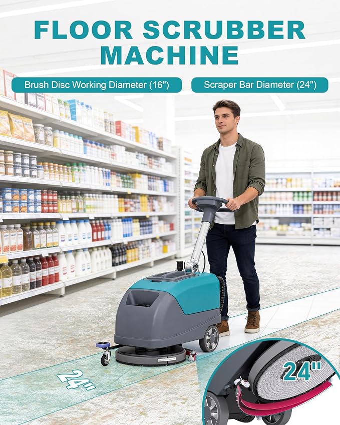 C5 16" Walk-Behind Commercial Floor Scrubber Machine, 500W Motor | 11 Gal Recovery Tank | 24" Suction Width | Brush Speed 200 RPM | 24,000 Sqft/h Coverage | Complete Set of Parts