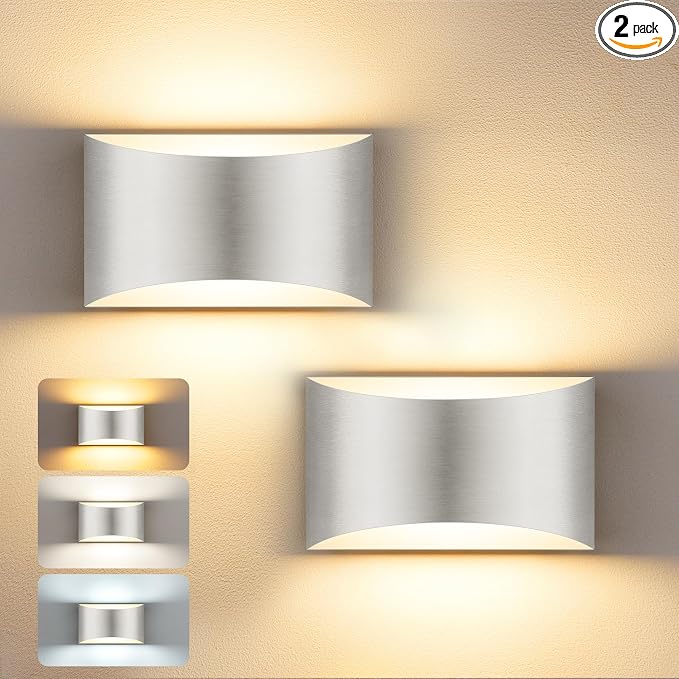 MATAMEYE Modern LED Wall Sconce Set of 2, Brushed Nickel Aluminum Indoor Wall Lighting Fixture, 3 Colors & Timer, Up/Down Dimmable Wall Mount Lamp