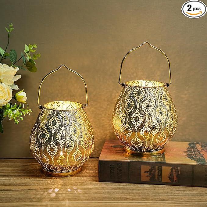 TRIROCKS Set of 2 Moroccan Decorative Lamps 8'' High Cordless Lamp Metal Table Lamps with Fairy Lights Bulb for Home Living Room Garden Yard Party Events Tabletop Indoor Outdoor(Gold)