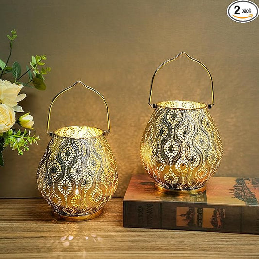 TRIROCKS Set of 2 Moroccan Decorative Lamps 8'' High Cordless Lamp Metal Table Lamps with Fairy Lights Bulb for Home Living Room Garden Yard Party Events Tabletop Indoor Outdoor(Gold)