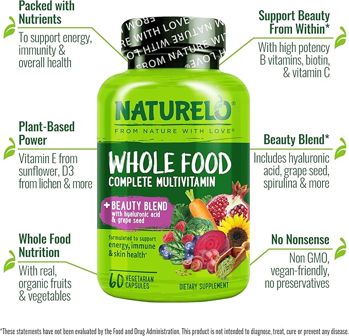 NATURELO Multivitamine Aliment Complet avec Soutien Supplémentaire Cheveux, Peau et Ongles - Mélange Beauté avec Acide Hyaluronique et Pépins de Raisin - Biotine, Vitamine C et Glutathion Haute Puissance - 60 Gélules Végétaliennes