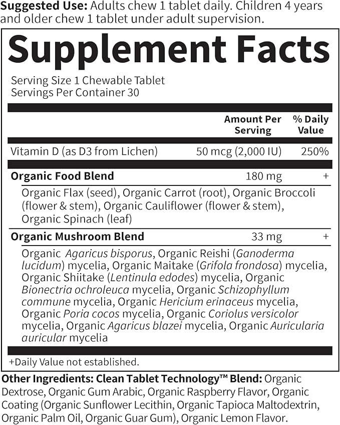 Garden of Life Organics Vitamine D3 Végétalienne Mâchable - Framboise Citron, 2 000 UI (50 µg) Vitamine D3 Alimentaire Complète issue du Lichen Plus Mélange de Superaliments & Champignons, Sans Gluten, 30 Comprimés à Croquer