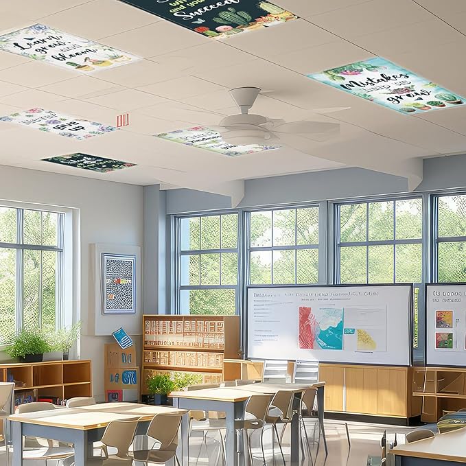12 Pcs Fluorescent Light Covers for Classroom Ceiling Light 4 x 2 Ft Decorative Magnetic Lights Cover Filter Easy Install for School Office Home Hospital Drop Ceiling Supplies (Succulent Motivational)