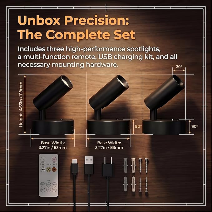 JOOSENLUX Spot Lights Indoor 3-Pack, 2600mAh Rechargeable Wireless Accent Lighting with Remote, 3CCT Dimmable Uplighting for Plants Art Wall Decor, Adjustable Arm Battery Spotlight, Black