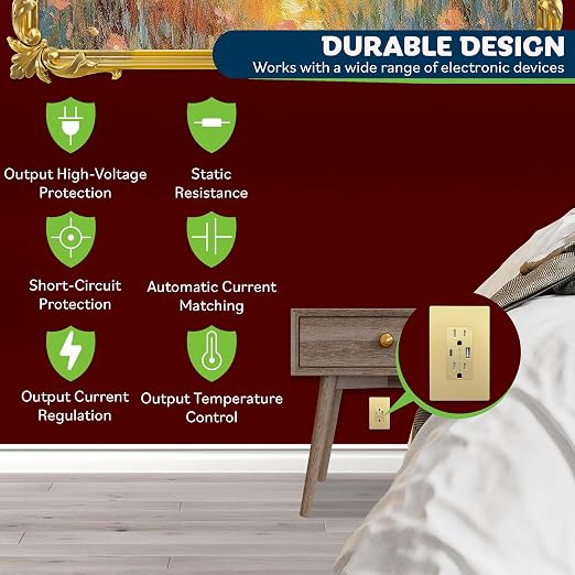 TOPGREENER USB Outlet, 4.2A Type C & Type A Wall Outlet, 15 Amp Tamper Resistant Receptacle Plug, Screwless Wall Plate Included, UL Listed, TU21536AC-GDWSI-2PCS, Gold, 2 Pack