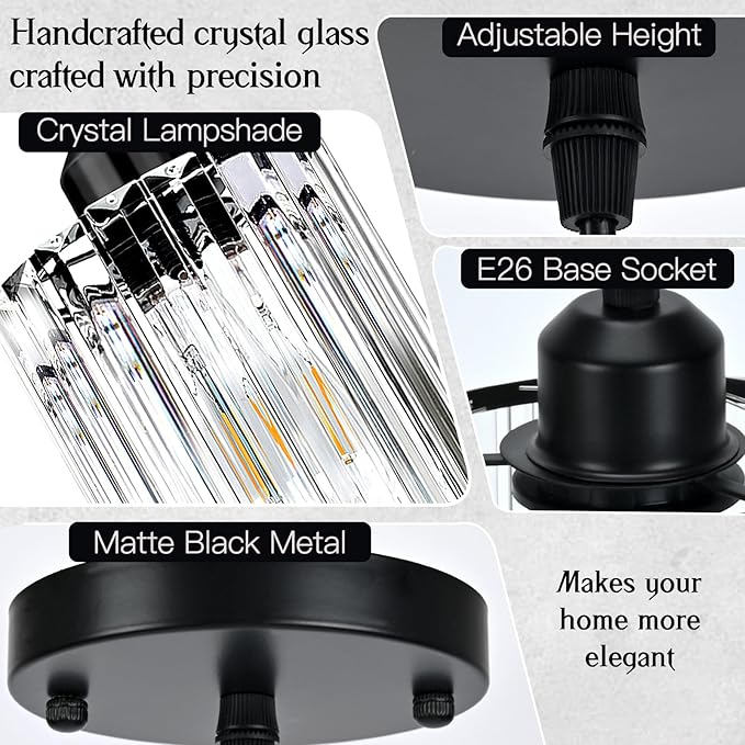 Black Pendant Lights for Kitchen Island, Elegant Modern Island Lights for Kitchen with Crystal Glass – Luxury 2 Pack Pendant Lights for Kitchen Island, Dining Table, Entryway, Restaurant