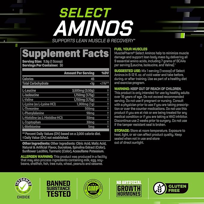 MusclePharm Select Amino's EAA + BCAAs, Post Workout Essential Amino Acids Powder, Pre Workout Energy Supplement for Men & Women with Branched Chain Amino Acids, 30 Servings (Sour Candy)