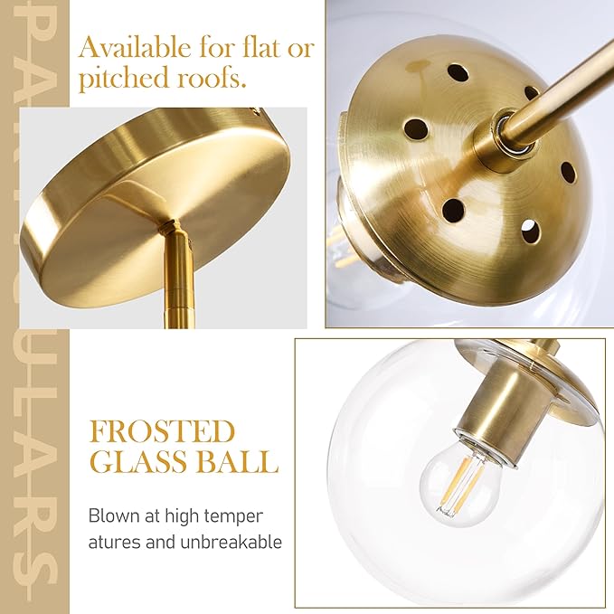 Bagood 6 Inch Globe Pendant Light Gold Mid Century Pendant Light Contemporary Globe Pendant Lights Kitchen Island Clear Glass with Brass Finish Adjustable Hanging Light Fixture for Kitchen Island