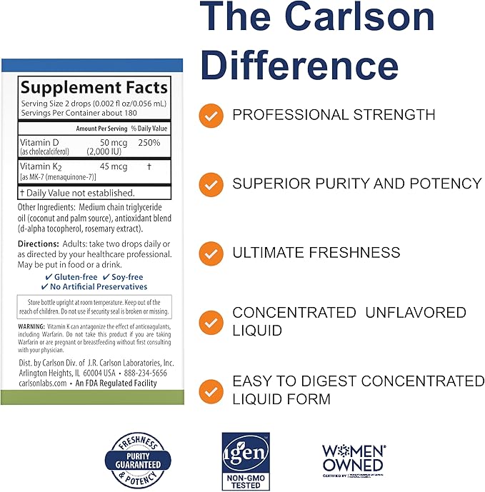 Carlson Super Daily D3 + K2、D3 50mcg + MK-7 45mcg、心臓と骨の健康、液体360滴、10.16ml