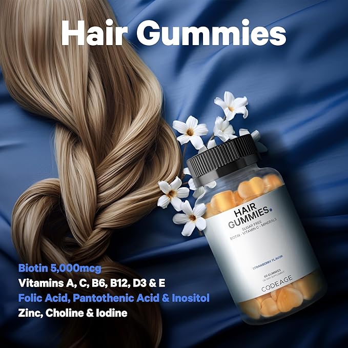 Codeage Hair Gummies, Biotine 5000 mcg, Vitamines gommes sans sucre pour la croissance A, C, B6, B12, D3, Zinc, Inositol, Femmes et Hommes, Acide pantothénique et folique, Ongles, Peau, Saveur Fraise Noix de coco, 60 gommes