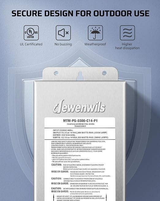 DEWENWILS 300W Low Voltage Pool Light Transformer, 120V AC to 12V/13V/14V AC, Multi-tap Safety Transformer for Pool Lighting, Spa, Underwater Fountain Lights, Outdoor Landscape Lights, UL Listed