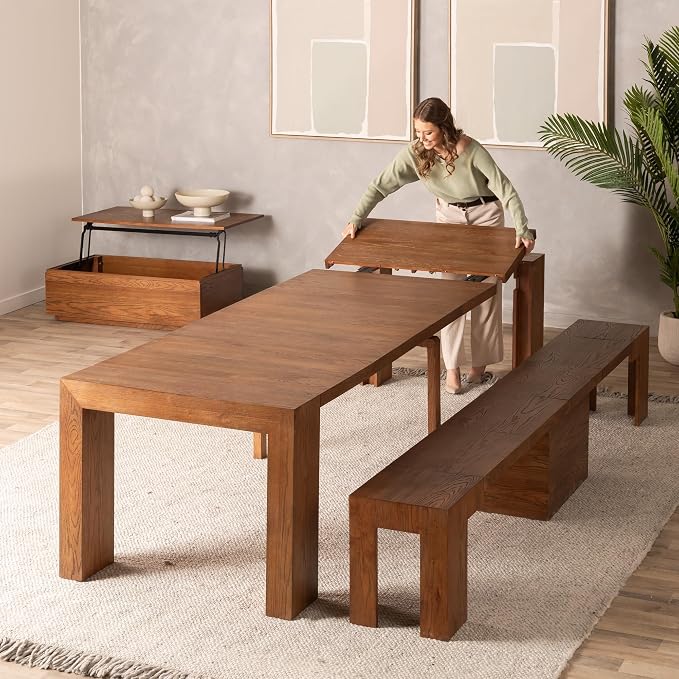 Transformer Table - Solid Wood Extendable Dining Table, Seats 2-12, Expandable Dining Room Table, Space-Saving Furniture, Kitchen and Dining Room Furniture (Brown, Table + Bench + Coffee Table)