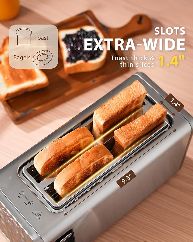 4 Slice Long Slot Toaster with Touchscreen, Memory Function, Extra Wide Slots for Bagels & Artisan Bread, Digital Timer, Reheat & Defrost, Slim Stainless Steel