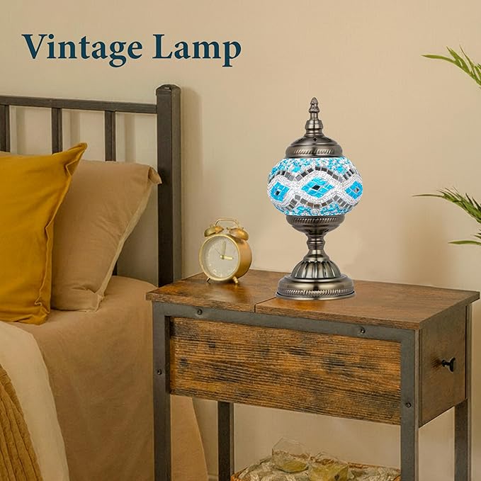 Marrakech Tiffany Lamp Morrocan Table Lamp with Vintage Style, Handmade Turkish Mosaic Lamps with Bronze Base Including LED Bulb for Living Room Bedroom Decor (Blue)
