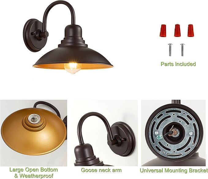 GOLDHILL 10.5" Bronze Gooseneck Metal Outdoor Barn Light, Powder Coated Farmhouse Porch Light with Gold Interior, Wet Location Rated Exterior Sconce for Porch, Garage, Bathroom Vanity