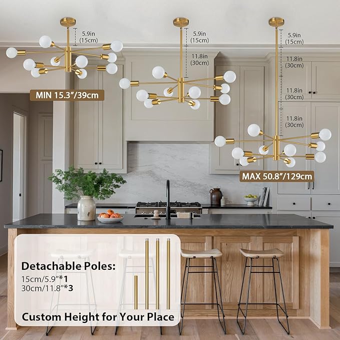 KAISITE Modern Chandelier Ceiling Light Fixture Sputnik Chandelier 10-Light Gold Chandelier for Dining Room Over Table Height Adjustable Lighting Fixture Ceiling Hanging for Kitchen Living Room