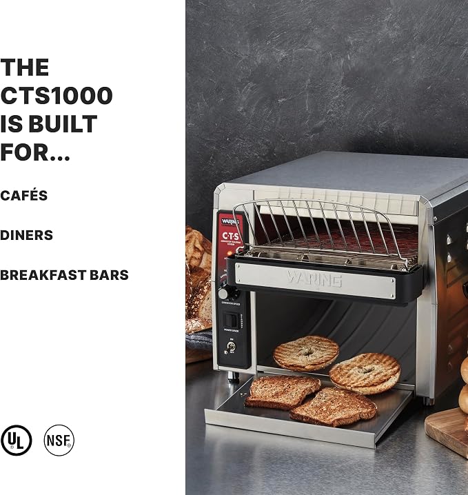 Waring Commercial Heavy-Duty Conveyor Toaster, 450 Slices per Hour, Stainless Steel Construction, for Cafes & Restaurants, NSF Certified, 120V, CTS1000
