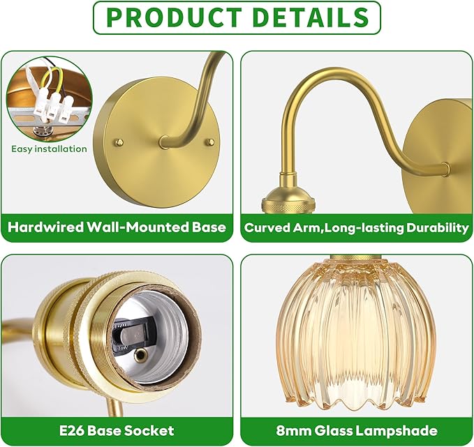 Wall Sconces Lights Lamp for Bedroom Bathroom, Modern Vanity Light Fixtures, Wall Mount Lighting Vintage Tulip Amber Glass Shade for Living Room Mirror Hallway Kitchen
