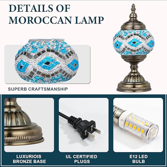 Marrakech Tiffany Lamp Morrocan Table Lamp with Vintage Style, Handmade Turkish Mosaic Lamps with Bronze Base Including LED Bulb for Living Room Bedroom Decor (Blue)