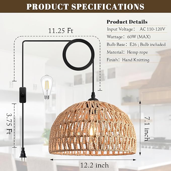 Brown Rattan Light Fixture 15ft Plug In Pendant Light Woven Pendant Light Boho Chandelier Wicker Pendant Light Boho Pendant Light Plug In for Dining Room Kitchen Island Bedroom(Bulb Incl.)