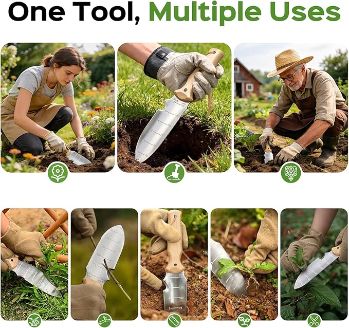 Garden Tools Trowel with EDC Sheath for Weeding Digging Planting, Gifts for Women Mom Her, Gardening Tools with 7" Stainless Steel Blade, Dual-Scale Measurement,Hanging Hole, Gifts for Men Dad Him