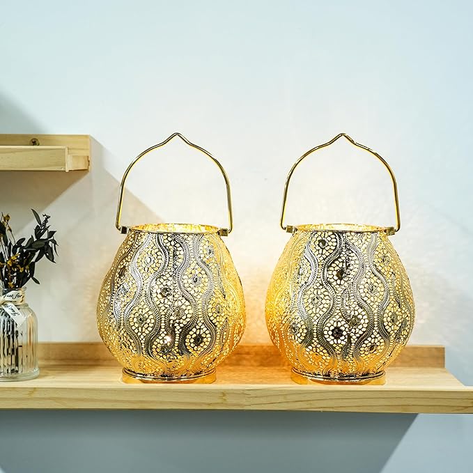 TRIROCKS Set of 2 Moroccan Decorative Lamps 8'' High Cordless Lamp Metal Table Lamps with Fairy Lights Bulb for Home Living Room Garden Yard Party Events Tabletop Indoor Outdoor(Gold)