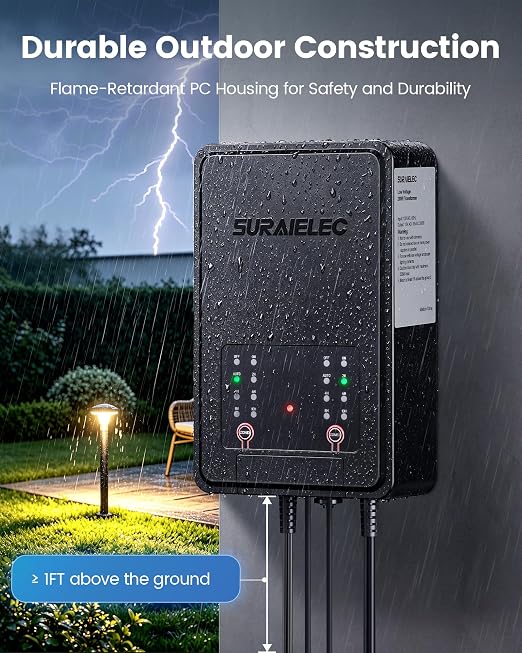 SURAIELEC 300W Low Voltage Landscape Transformer, 2 Independent Zones, Outdoor Waterproof Landscape Lighting Transformer with Timer & Photocell Sensor, 120V to 12/15V AC, Quick-Clamp Terminal