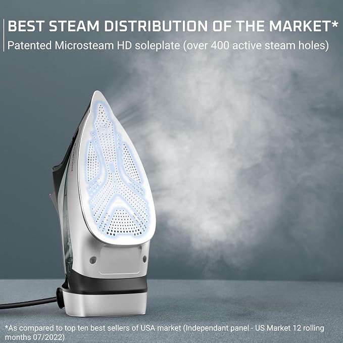 Rowenta Iron, Focus Excellence Stainless Steel Soleplate Steam Iron for Clothes, Retractable Cord, 400+ Microsteam Holes, Powerful steam, LED Display, 1750 W Ironing Clothes, Cordreel, Green DW5432