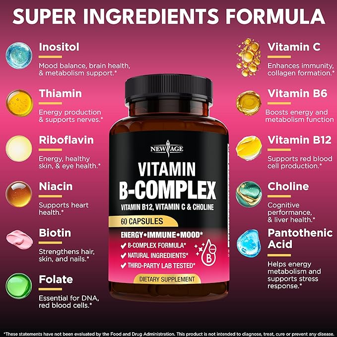 Vitamin B Complex for Men & Women - Made in USA - B-Complex: B1, B2, B3, B5, B6, B7, B8, B9, B12 with Vitamin C, Choline, Inositol - Energy, Brain & Heart Support Supplement - 120 Vegan Capsules