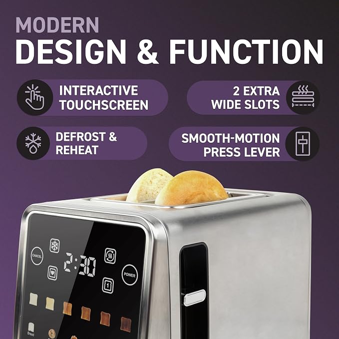 Inspirex Touch Screen Toaster - 2 Slice Extra-Wide Slots - 5 Bread Type and 6 Browning Levels - Defrost, Reheat, Favorite, Single Slot Settings - Stainless Steel