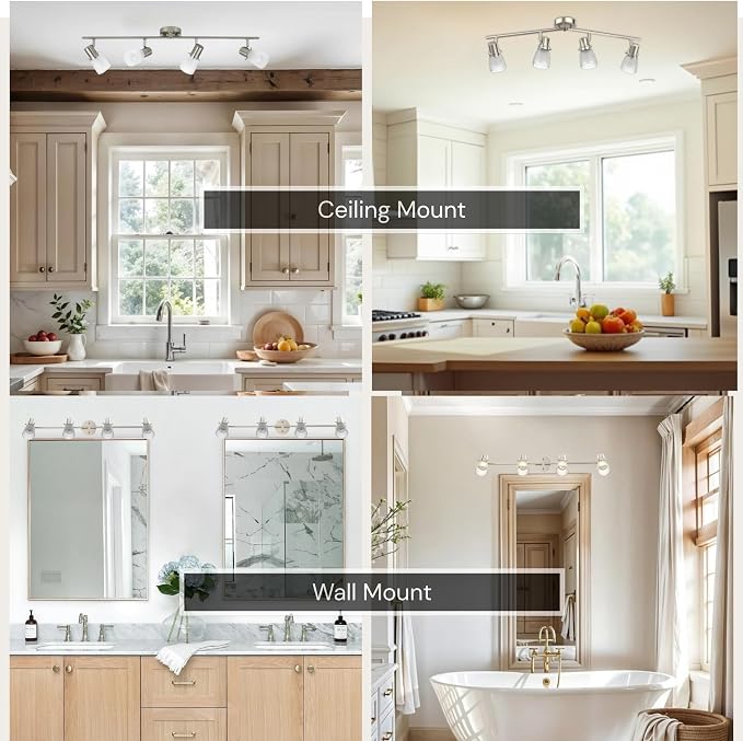 4-Light Track Lighting Kit, Brushed Nickel Flush Mount Ceiling Light Fixture with Frosted Glass Shades, Foldable Arms with E26 Adjustable Heads Spotlight, ETL Listed (35.6 inch)