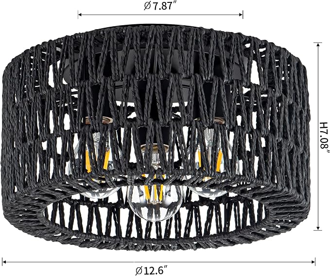 Rattan Ceiling Light Fixture, 3-Light Bohemian Modern Woven Ceiling Light, Black Boho Flush Mount Ceiling Light for Bedroom Living Room Dining Room, Bulb Not Included