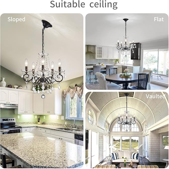 ANJIADENGSHI Small Crystal Chandelier, Modern Black Chandelier Dining Room Light Fixture, Mini Crystal Pendant Light for Bedroom Ceiling Light Fixture for Living Room Entryway Kitchen Island Hallway