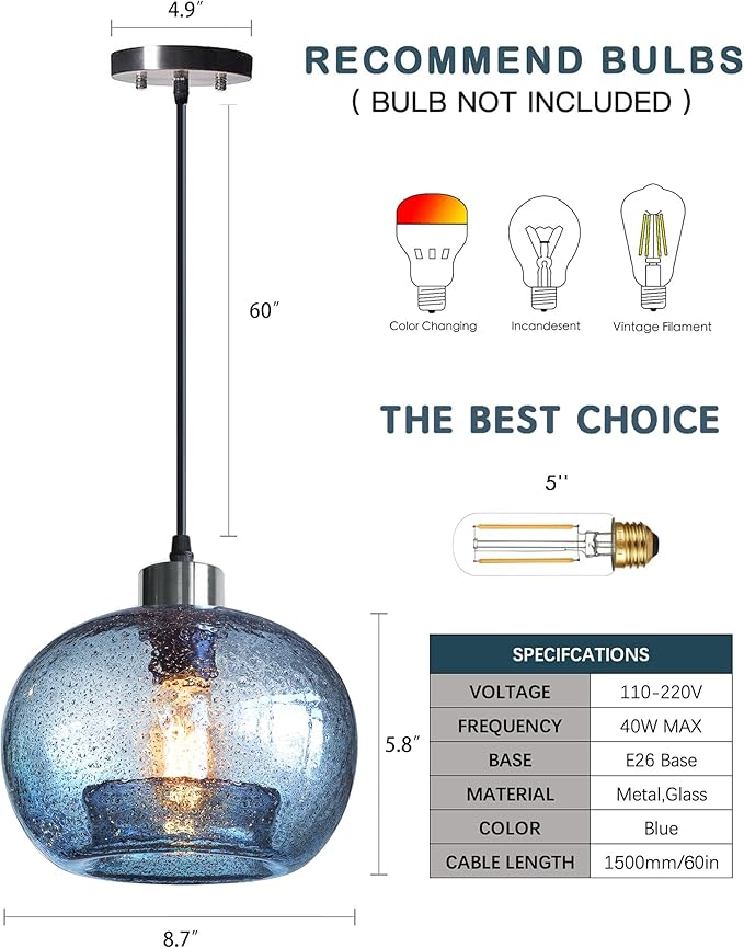 CASAMOTION Glass Pendant Lights Kitchen Island Modern Farmhouse Blue Ceiling Hanging Light Fixtures Globe Over Table Sink Foyer Entryway Brushed Nickel 8.7 Inch Diameter