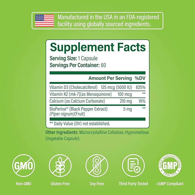 Vitamine D3 K2 Noophoric 5000 UI, D3 avec K2 MK7, Capsules de Vitamine D3 K2 avec Calcium et BioPerine, Sans OGM, Sans Gluten, Sans Soja, 60 Capsules
