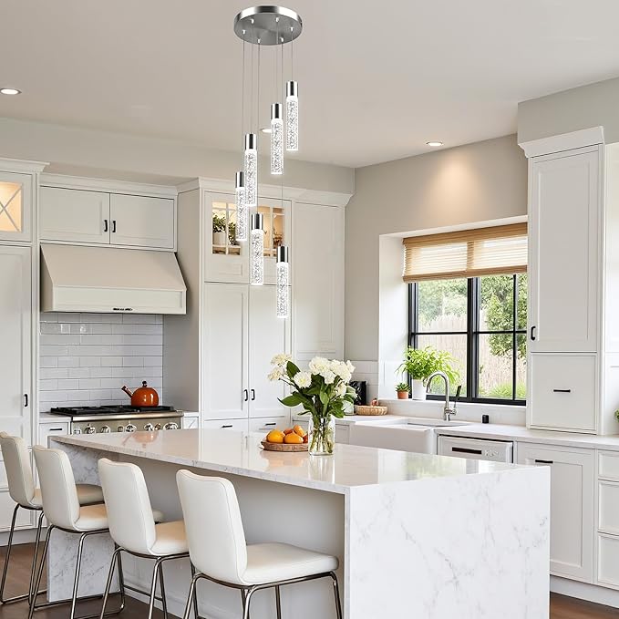 Pendant Lights Kitchen Island, 3000K-6500K Modern Kitchen Island Lights, Ceiling Lighting Fixtures with Crystal Bubble, 3 Color Integrated LED Hanging Light Brushed Nickel 1 Pack(6-Light)