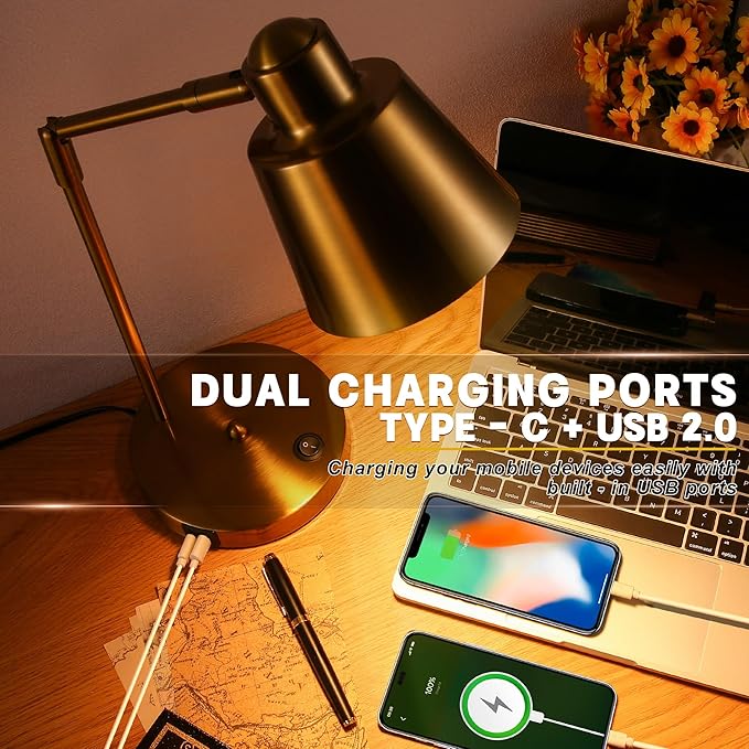Anxingtools LED Desk Lamp with Dual USB Charging Ports, 100% Metal, 270° Swivel Arms, Soft White Light (3000K), Bedside Reading Lamp, Home Office Lamp(Golden)