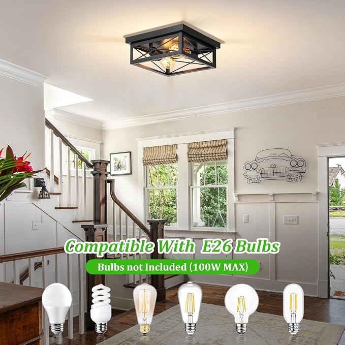 Kondras 2-Light Farmhouse Ceiling Light Fixture, Industrial Square Flush Mount Ceiling Light, Modern Black Metal Hallway Ceiling Lighting Fixture for Kitchen Entryway Living Room Bathroom Porch