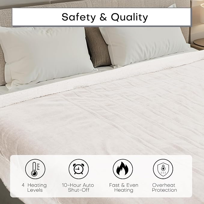 Electric Heated Blanket Full Size 72"x84" – ETL Certified for Safe Overnight, 4 Heat Settings & 10H Auto Off, Dual-Sided Microplush Sherpa for Home Theater Night, Machine Washable – Lvory