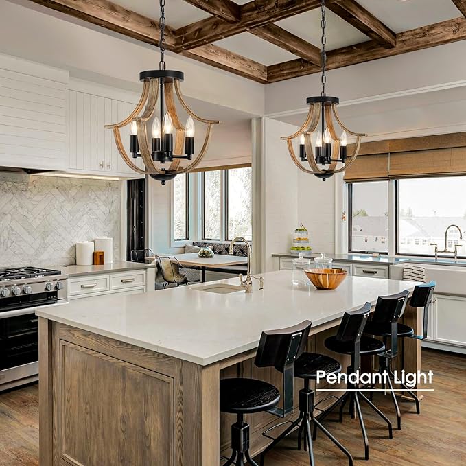 LAMPKEDUO Farmhouse Hanging Pendant Lighting, 4-Light Rustic Flush Mount Ceiling Light Fixture,Modern Faux Wood Vintage Chandelier for Dining Room Kitchen Island Foyer Hallway Entryway Bedroom
