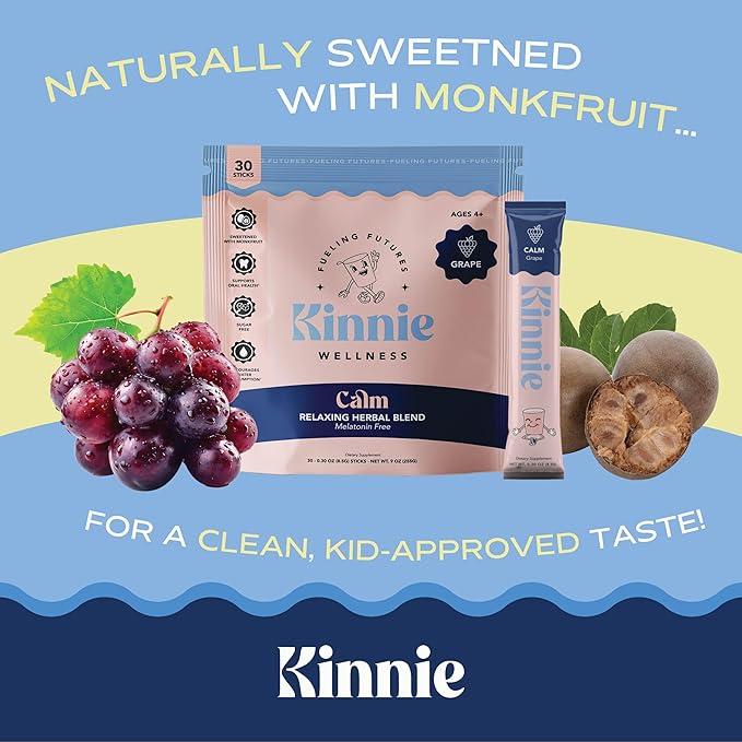 Calming Sugar Free Vitamin Mix for Kids - Grape Flavor, Melatonin Free - Herbal/Magnesium Supplement for Bedtime, Focus & Travel (30 Sticks)