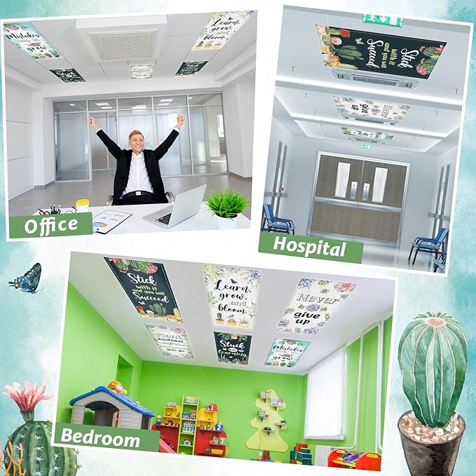 12 Pcs Fluorescent Light Covers for Classroom Ceiling Light 4 x 2 Ft Decorative Magnetic Lights Cover Filter Easy Install for School Office Home Hospital Drop Ceiling Supplies (Succulent Motivational)