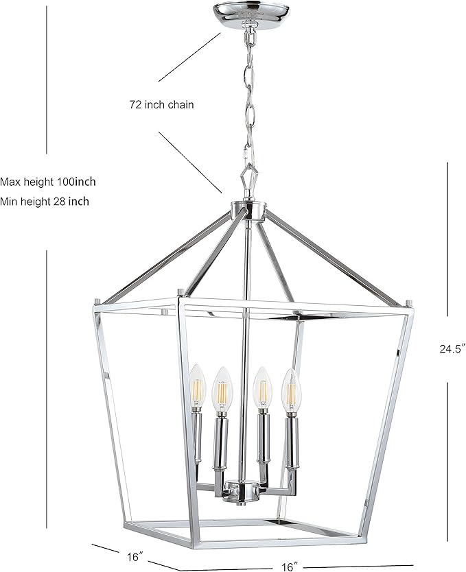 JONATHAN Y 16" Chrome Lantern Pendant Light, 1-Light Pagoda Style Metal Cage Farmhouse Hanging Ceiling Fixture for Kitchen Island, LED Bulb Included (JYL7437C)