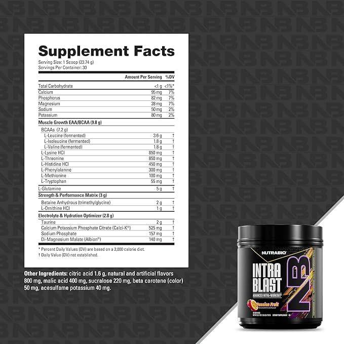 NutraBio Intra Blast Bcaa Powder Amino Acid Supplement, Electrolyte & Hydration Blend, Intra, Pre Workout & Muscle Recovery, 20g Eaa Amino Acids Powder, 5g Glutamine- Passion Fruit, 30 Serving