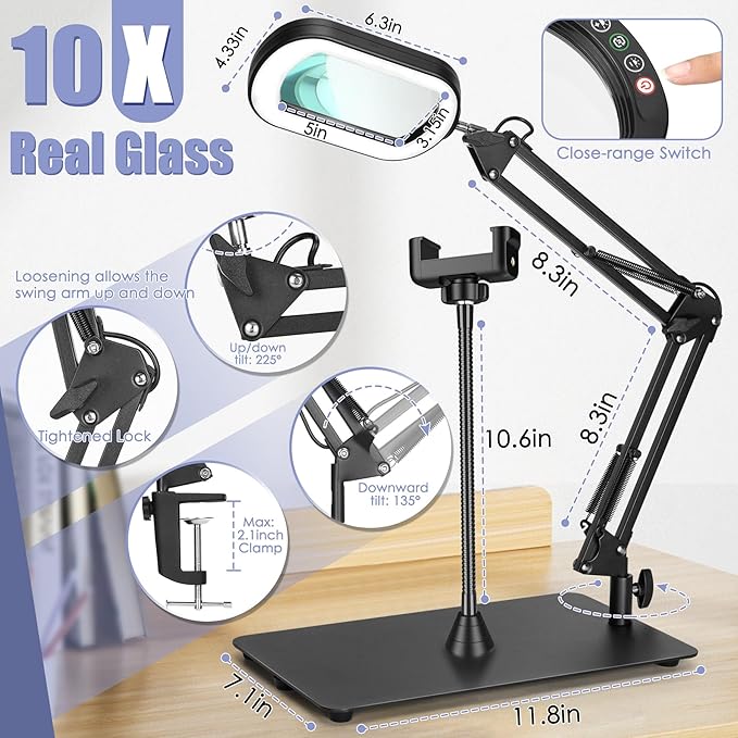10X Square Magnifying Glass with Light and Stand, Real Glass LED Lighted Magnifier and Phone Holder, 5 Color Modes Stepless Dimmable, Hands-Free Desk Lamp for Craft Hobby Close Work Black and Holder